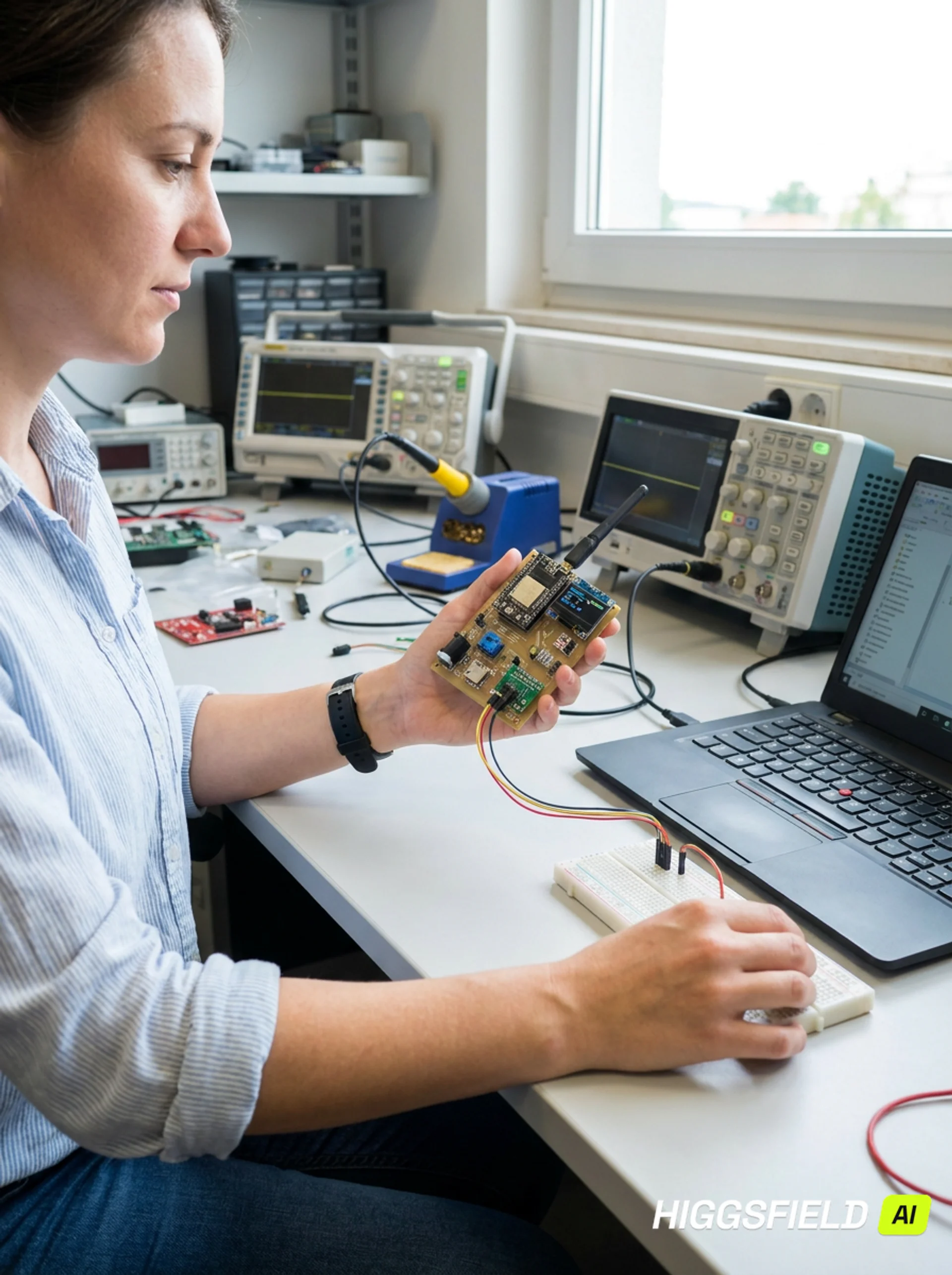 An engineer holding a wireless dev board at a bench with an oscilloscope, soldering station, and laptop